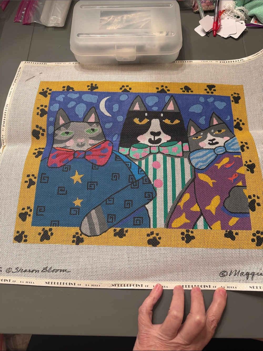 hand-painted needlepoint canvas titled "Cats in Bowties"  by Sharon Bloom.🐈‍⬛